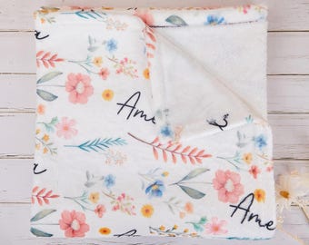 Anpassad filt med vildblommor, boho blomma, personlig filt med blommigt blöjtäcke för flickor, present till nybliven mamma, present till nyfödd, babyshowerpresent
