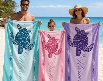 Personligt namn strandhandduk med havssköldpadda, anpassat namn, mikrofiber poolhandduk, färgglatt havsfisktryck sommarsemesterpresent för familj och barn