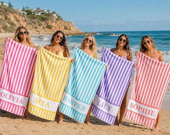 Personalized Vertical Striped Beach Towel, Custom Name Pool Swim Towel, Family Summer Trip Bachelorette Gift, Swimming Club Towel
