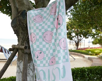 Smile Face Personalized Beach Towel Personalized Name Bath Towel Custom Pool Towel Beach Towel With Name Retro Birthday Vacation Gift