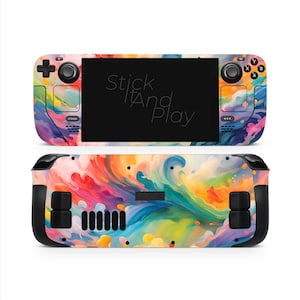Puede incluir: Una colorida funda para Steam Deck con un diseño abstracto de acuarela en tonos azules, rosas, amarillos y naranjas. La funda cubre la parte delantera y trasera del dispositivo, con el texto "Stick And Play" visible en la pantalla.