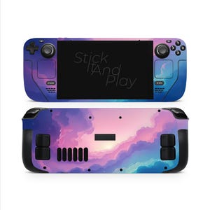 May include: A handheld gaming console skin with a colourful sky design in purple, blue, and pink hues. The text "Stick And Play" is displayed on the screen. The console has black buttons and a black screen.