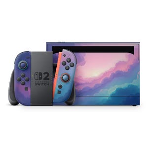 Op de afbeelding: Een Nintendo Switch-console met een aangepast ontwerp met een wolkenlandschap in roze, paars en blauw. De Joy-Con-controllers hebben een kleurverloop en de console heeft het Nintendo Switch-logo.