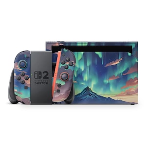 Op de afbeelding: Een Nintendo Switch-console en controllers met een aangepast ontwerp met een berglandschap en het noorderlicht in tinten blauw, groen en roze. De tekst "Nintendo Switch" is zichtbaar.