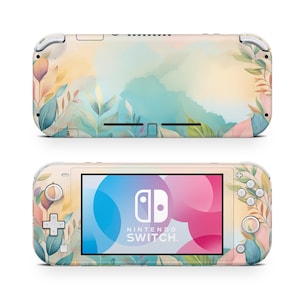 Peut inclure: Une peau à motif floral pour une console Nintendo Switch Lite. La peau présente un design de style aquarelle avec des teintes roses, bleues et vertes. Le logo Nintendo Switch Lite est visible sur l'écran.