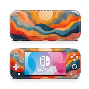 Puede incluir: Un diseño abstracto colorido con líneas onduladas y un sol en el fondo. El diseño está impreso en una consola Nintendo Switch Lite. La consola es blanca con una pantalla negra y botones. El texto "NINTENDO SWITCH" está impreso en la pantalla.