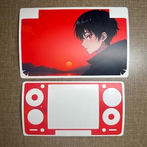 May include: Two-piece sticker set featuring anime-style artwork. The top sticker displays a red sunset scene with a character. The bottom sticker has a red border with white circles and a rectangle.