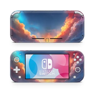 Peut inclure: Une console Nintendo Switch Lite avec un design de ciel et de nuages colorés. La console est de couleur rose, bleue et blanche. Le texte "NINTENDO SWITCH" est visible sur l'écran.
