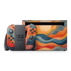 Op de afbeelding: Een Nintendo Switch-console met een aangepaste skin met een kleurrijk abstract ontwerp van golven en een zon. De Joy-Con-controllers en de console zelf zijn versierd met hetzelfde patroon, waardoor een samenhangende uitstraling ontstaat. De tekst "Nintendo Switch" is zichtbaar.