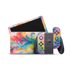 Peut inclure: Une console Nintendo Switch avec un design abstrait coloré. La console, les Joy-Cons et la station d'accueil présentent un motif vibrant de tourbillons bleus, roses, jaunes et oranges. Le logo Switch est visible sur la station d'accueil.