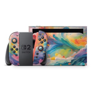 Peut inclure: Une console Nintendo Switch avec un design abstrait coloré. Les manettes Joy-Con et la console présentent un motif vibrant de bleus, de roses, de jaunes et d'oranges, ressemblant à une peinture à l'aquarelle. Le texte "Nintendo Switch" est visible.