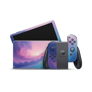 May include: A Nintendo Switch console with a custom skin featuring a dreamy, pastel cloudscape design in shades of purple, pink, and blue. The Joy-Con controllers are gradient blue and purple. The console is set against a white background.