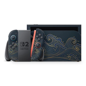 Op de afbeelding: Een Nintendo Switch-console met een marineblauw en goud golfpatroon. De console bevat twee Joy-Con controllers en een dock. De controllers hebben teal en koraal accenten. De tekst "Nintendo Switch" is zichtbaar.