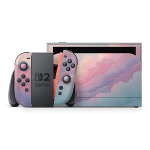 Op de afbeelding: Een Nintendo Switch-console met een pastelkleurig wolkenontwerp. De Joy-Con-controllers zijn roze, blauw en koraal. De console en controllers hebben een zachte, dromerige uitstraling, met het Nintendo Switch-logo zichtbaar.