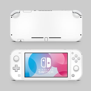 Może przedstawiać: Biała konsola Nintendo Switch, pokazana z przodu i z tyłu. Widok z przodu przedstawia ekran z logo Nintendo Switch i kolorowymi abstrakcyjnymi kształtami. Konsola ma białe przyciski i krzyżak.