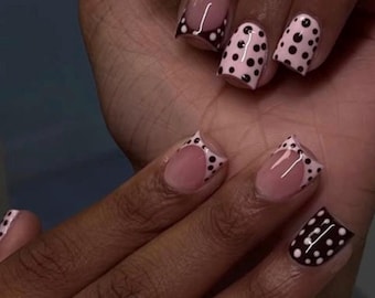 Short Press on Nails, Pink and Brown Polka Dot Nails