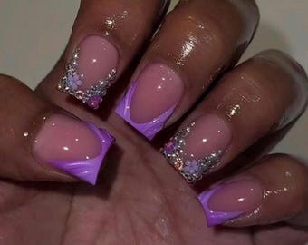 Purple French Tip Press On Nails, 3D Flower Rhinestone Art