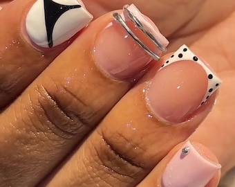 Short Press on Nails Pink and White with Abstract Designs