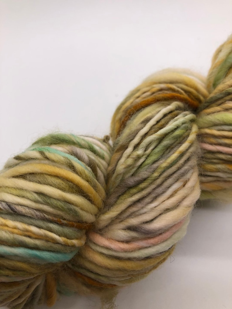 Handspun wool yarn, hand painted, worsted thick and thin wool yarn-Mustardseed image 2