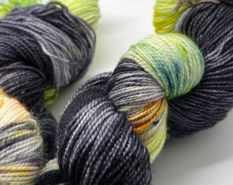 Handpainted sparkle hand dyed sock yarn, fingering yarn, Superwash Merino  Nylon, 100 grams, Double toil and trouble