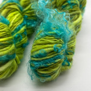 Handspun art yarn, Hand painted Falkland wool yarn, locks of mohair worsted, thick and thin-Terra Oceana image 1