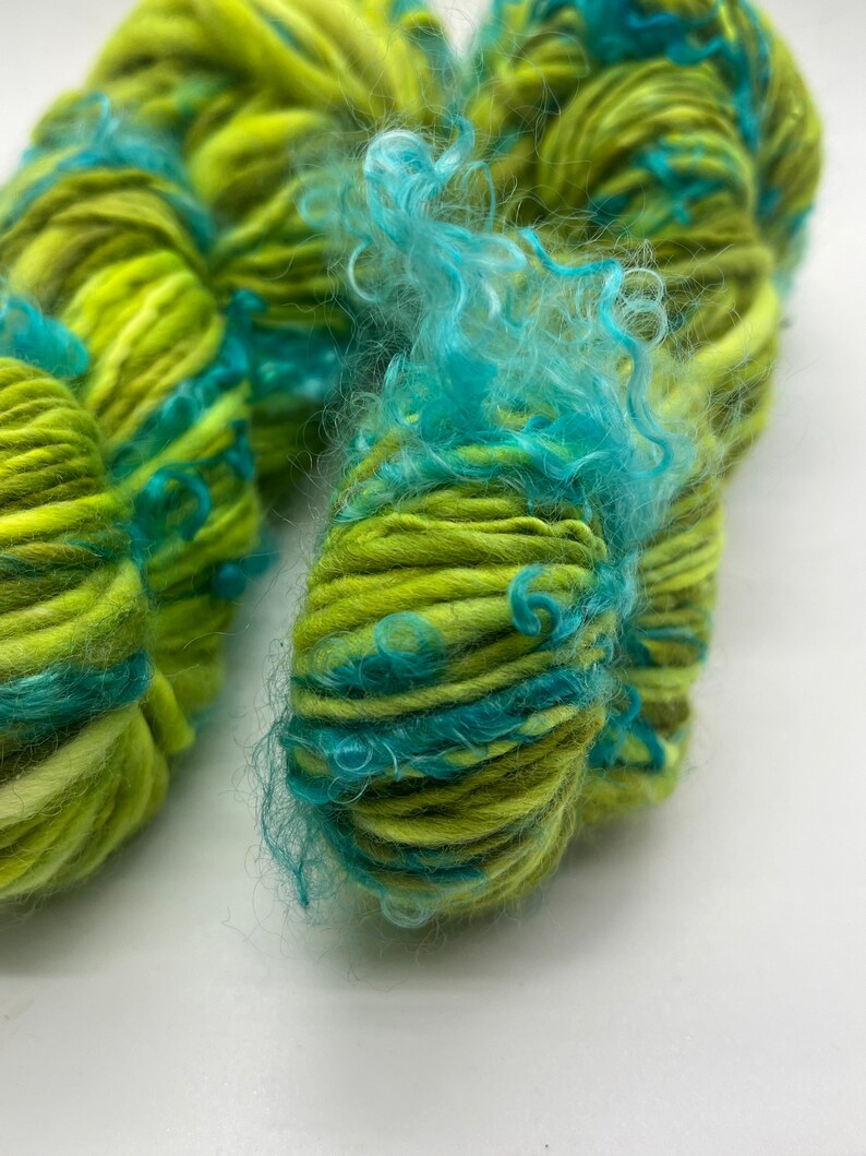 Handspun art yarn, Hand painted Falkland wool yarn, locks of mohair worsted, thick and thin-Terra Oceana image 1