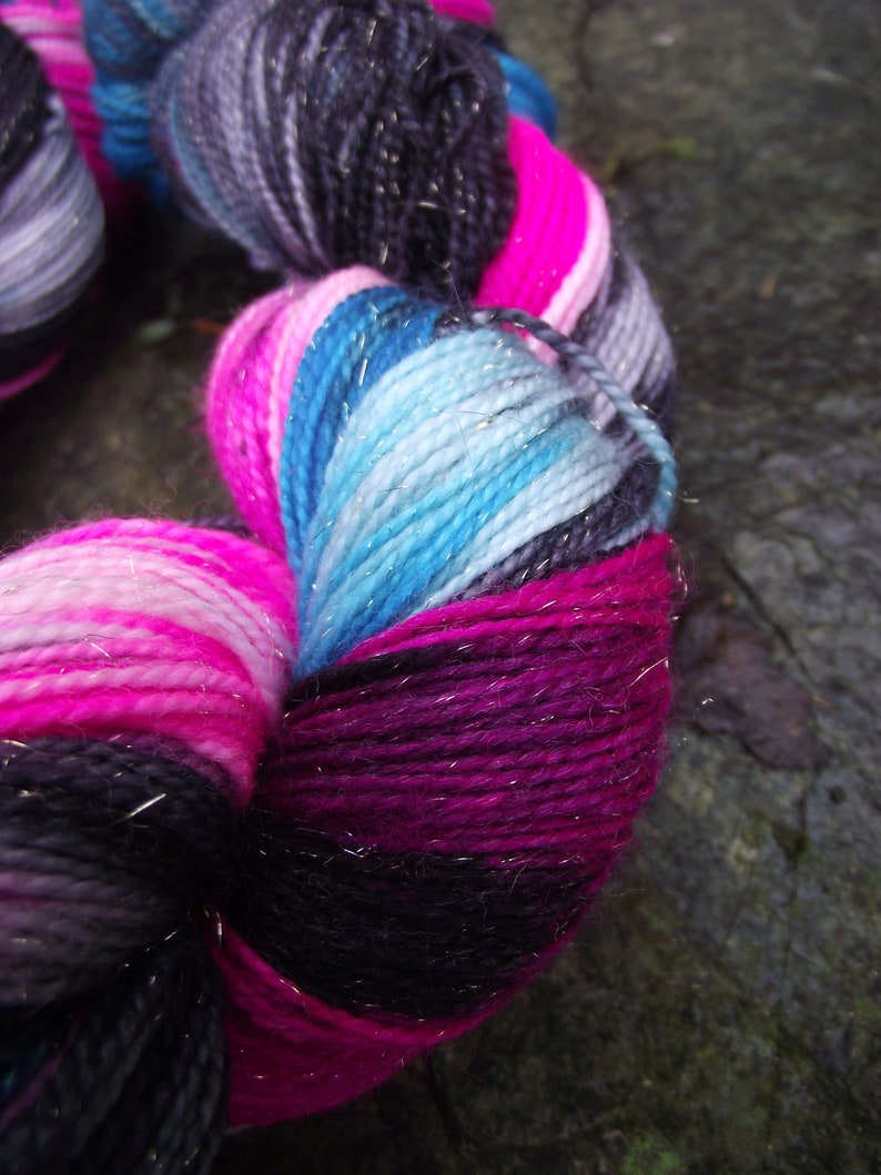 Handpainted sock yarn, fingering yarn, Superwash Merino Silk Sparkle Nylon, 100 grams-New Wave image 1