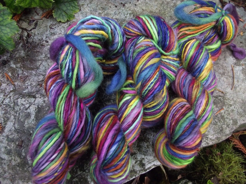 Handspun yarn, hand dyed Handpainted Polwarth Wool Yarn worsted bulky thick and thin multiple skeins available-Dia de los Muertos image 6
