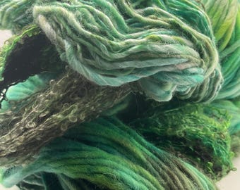 Handpainted handspun Yarn kit bundle, three skeins OOAK, bulky Merino, Mohair, Bamboo, Green Man