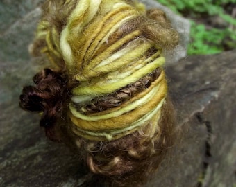 Handspun art yarn, Hand painted  Merino wool yarn, locks of mohair worsted, thick and thin-doldberry