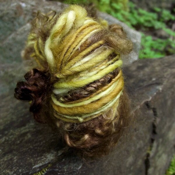 Handspun art yarn, Hand painted  Falkland wool yarn, locks of mohair worsted, thick and thin-Colonel Mustard