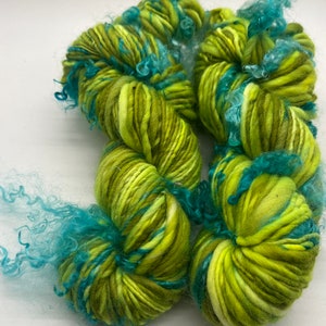 Handspun art yarn, Hand painted Falkland wool yarn, locks of mohair worsted, thick and thin-Terra Oceana image 3