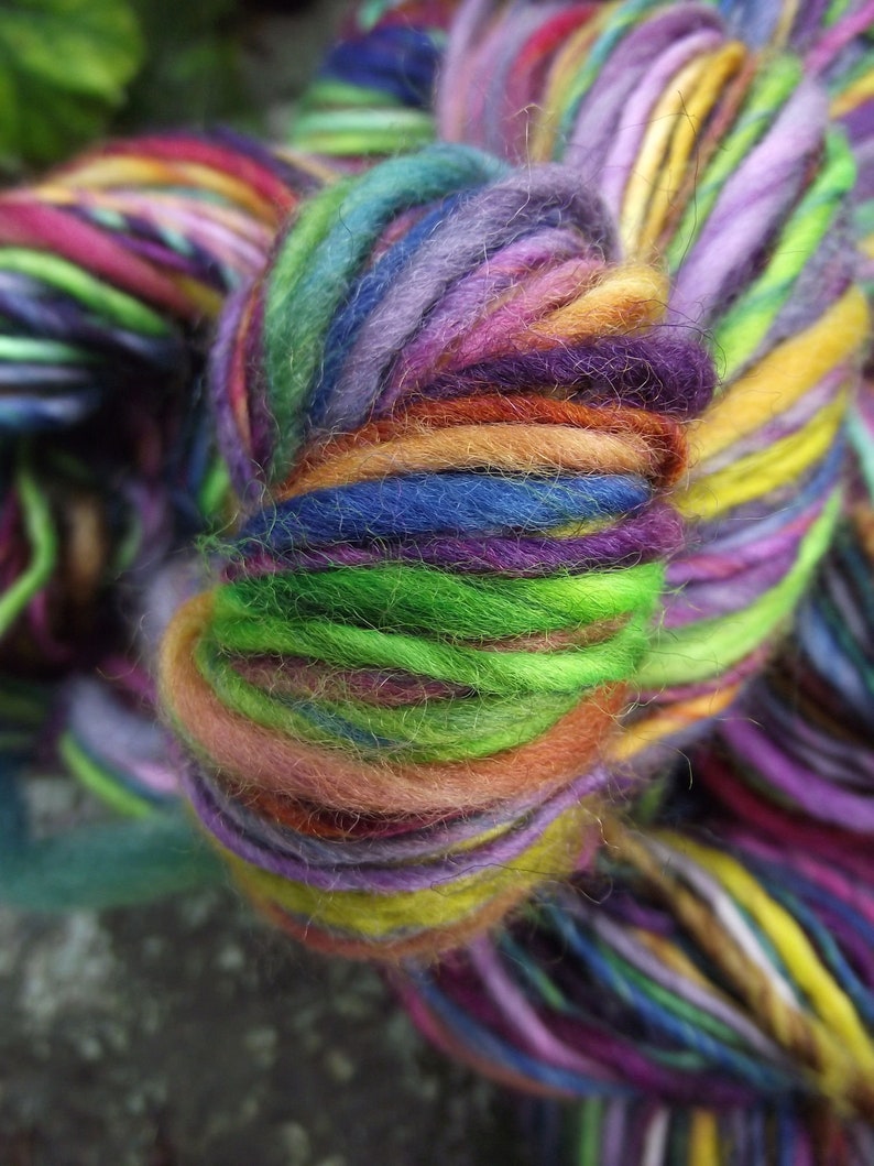 Handspun yarn, hand dyed Handpainted Polwarth Wool Yarn worsted bulky thick and thin multiple skeins available-Dia de los Muertos image 7