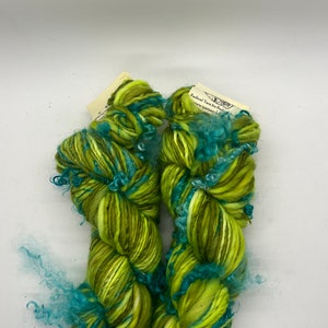 Handspun art yarn, Hand painted Falkland wool yarn, locks of mohair worsted, thick and thin-Terra Oceana image 2