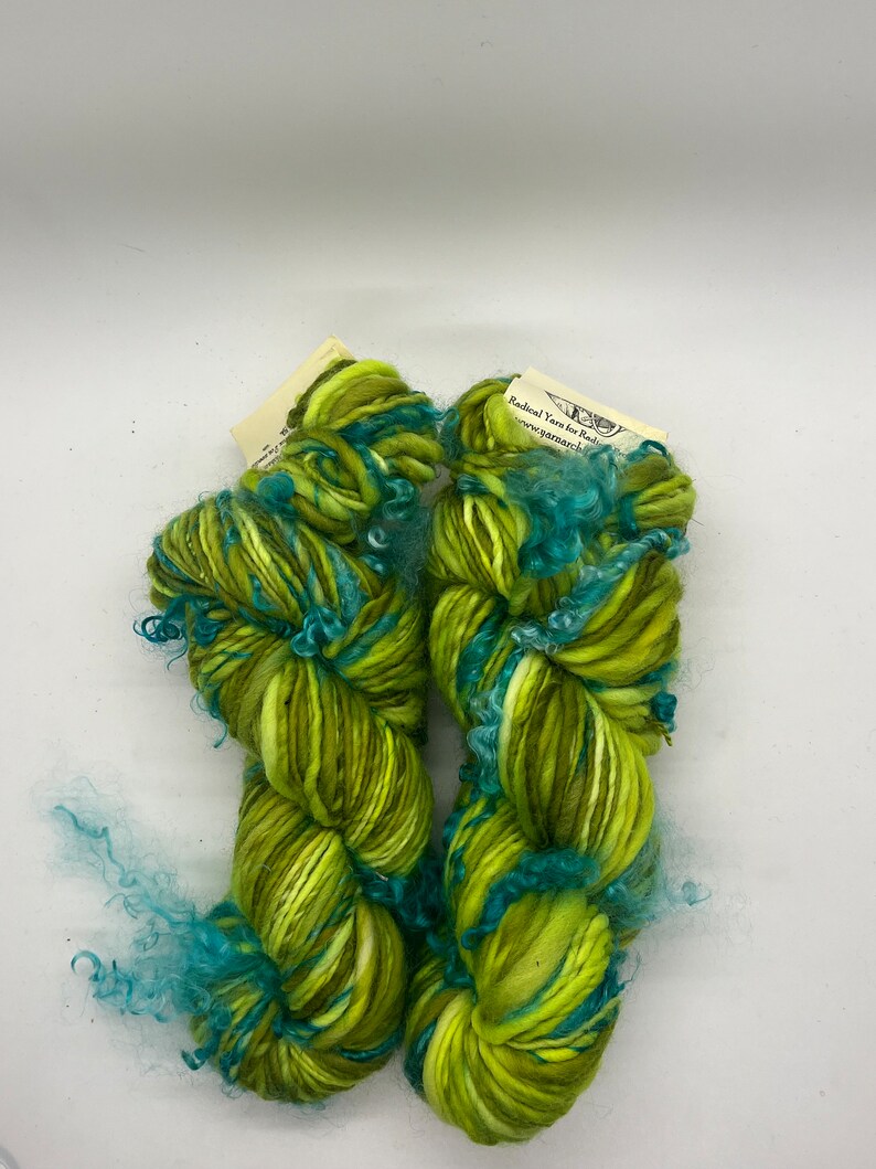 Handspun art yarn, Hand painted Falkland wool yarn, locks of mohair worsted, thick and thin-Terra Oceana image 2