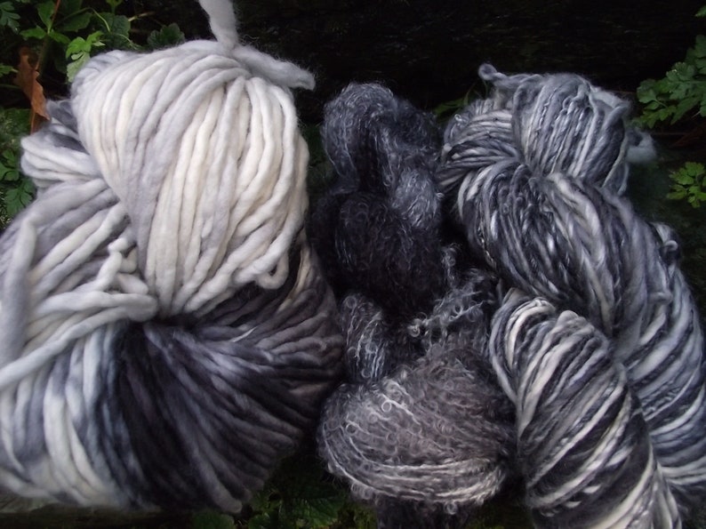 Handpainted handspun Yarn kit bundle, three skeins OOAK, bulky Merino, Mohair, Bamboo-Winter is Coming image 6