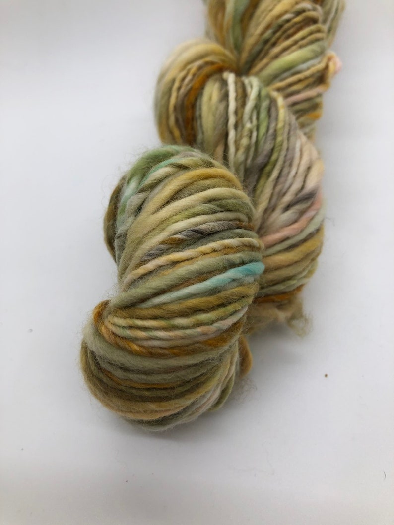 Handspun wool yarn, hand painted, worsted thick and thin wool yarn-Mustardseed image 3