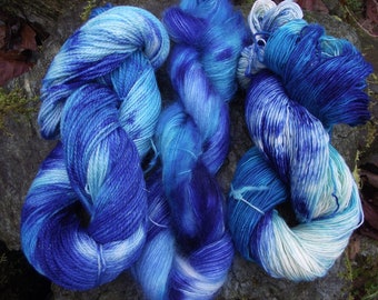 Sock Yarn Hand dyed Bundle, handpainted Merino silk sparkle kid mohair 3 skeins-Poseidon