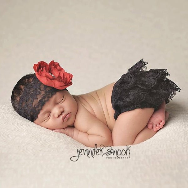 Newborn Lace Bloomers, Annabelle black red lace Diaper Cover Set black lace, flower Headband baby girl photography prop