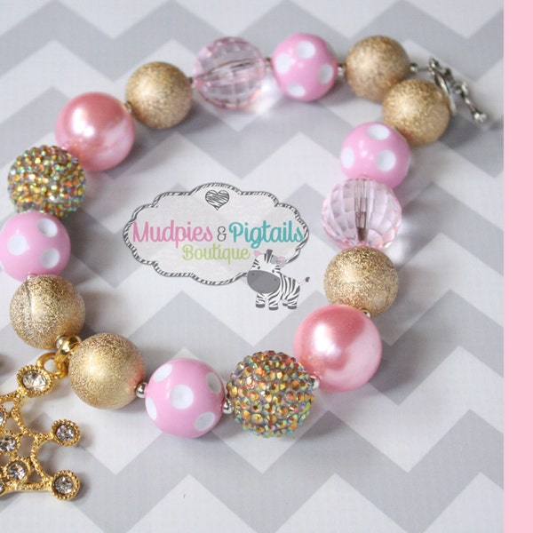 Chunky Baby necklace { Ritzy Chic } Princess Crown Tiara gold, pink chunky necklace, First Birthday, cake smash, pageant, photography prop