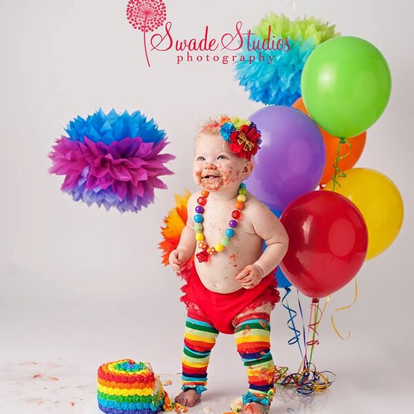 Ready to ship, 1st Birthday Outfit { Rainbow Rocks } 4pc set, Lace Bloomers, chunky necklace, Headband, Cake Smash, photography prop