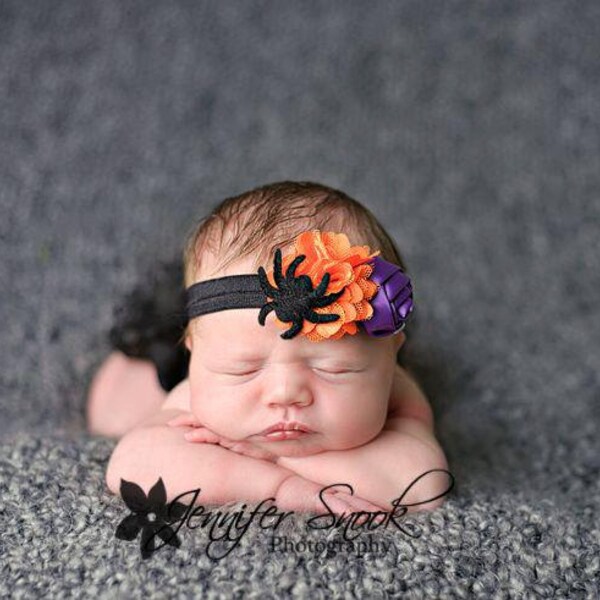 Baby Halloween Headband { Sassy spider } orange purple black, newborn costume halloween mini felt spider headband, girl photography