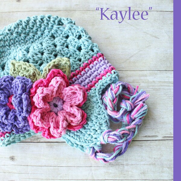 6-24m size, Crochet baby hat, baby girl hat Kaylee Flower Cluster earflap pink soft teal hot pink purple fall winter photography prop