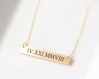 Gold Bar Necklace - Personalized Engraved Bar Necklace, Engraved Name Necklace, Nameplate, Roman Numeral Date, Coordinates THICK MXE2