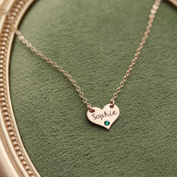 Kids Birthstone Necklace - Personalized Name Necklace for Girls, Flower Girl Gift, Little Girl Keepsake Jewelry, Custom Engraved Heart TBR1