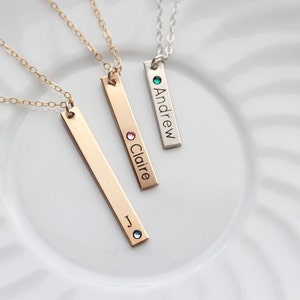 Engraved Birthstone Bar Necklace Thin Personalized Birthstone Vertical Nameplate, Engraved Birthstone Necklace, Mother's Day Birthday TBR1 image 1