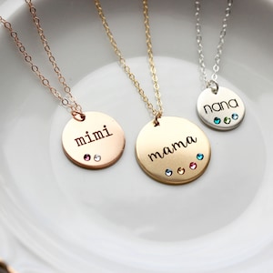 Birthstone Necklace Engraved Disc Necklace Personalized Disk Necklace Personalized Gift Necklace Gift for Mom Gift for Mom, TBR1 image 1