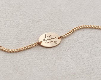 Handwriting Bracelet - Engraved Oval Bracelet, Custom Handwriting Jewelry, Gold Filled Sterling Silver, Memorial Gift, Actual Signature HND