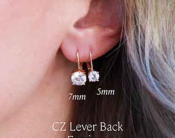 CZ Leverback Earrings - Solitaire CZ Drop Earrings, Gold or Silver Earrings, Statement Crystal Earrings, Hypoallergenic, Bridal Jewelry LUMA