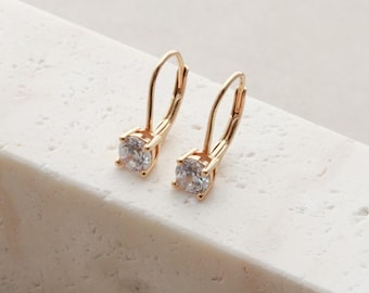 CZ Leverback Earrings - 5mm Solitaire CZ Earrings, Dainty Drop Earrings, Gold or Silver Earrings, Comfortable Earrings, Bridal Jewelry, LUMA